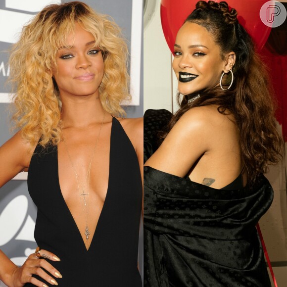 Rihanna compareceu ao Grammy Awards 2012 com cabelos ondulados e loiríssima, mas é constantemente vista morena
