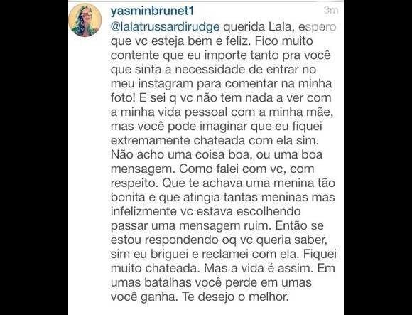 Yasmin Brunet responde seguidora sobre atitude de Luiza: 'Em umas batalhas você perde, em umas você ganha'