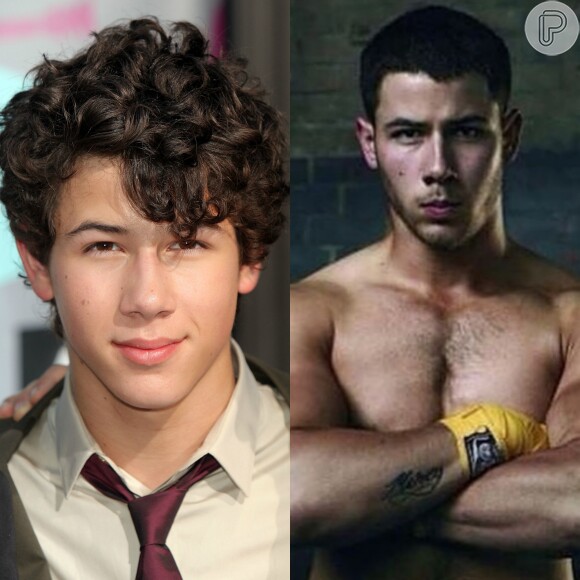 Nick Jonas, da banda Jonas Brothers, exibe um visual de cabelo raspado e corpo atlético