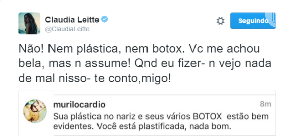 Claudia Leitte rebateu internauta que afirmou que ela fez plástica e aplicou botox no rosto