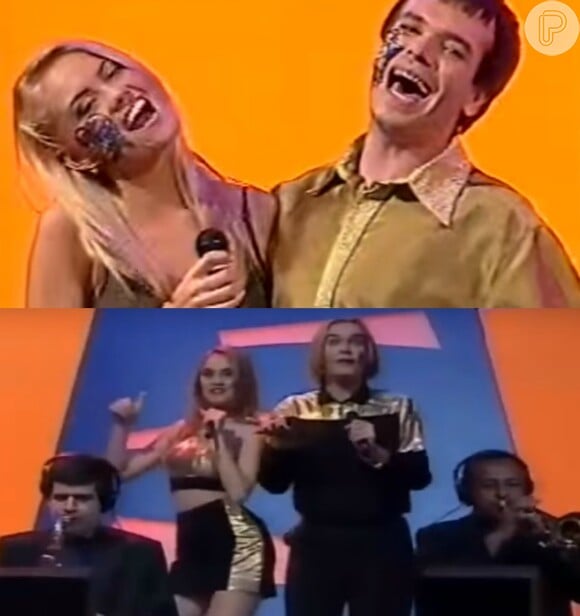 Ellen Rocche e Felipeh Campos no programa 'Qual é a Música' (1999), onde dublavam canções no jogo 'Leilão de Notas Musicais'