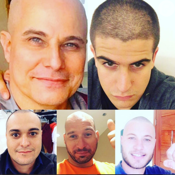 Edson Celulari tem o apoio do filho, Enzo, e de vários homens da sua família, que rasparam a cabeça em solidariedade a ele