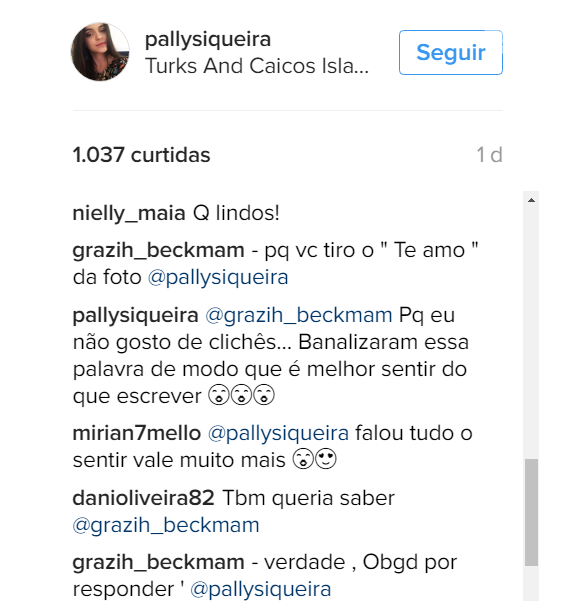Pally Siqueira explica para uma seguidora o motivo de ter deletado a legenda para Fabio Assunção
