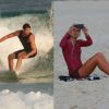 Enquanto Cauã Reymond surfa, Mariana Goldfarb se distrai mexendo no celular