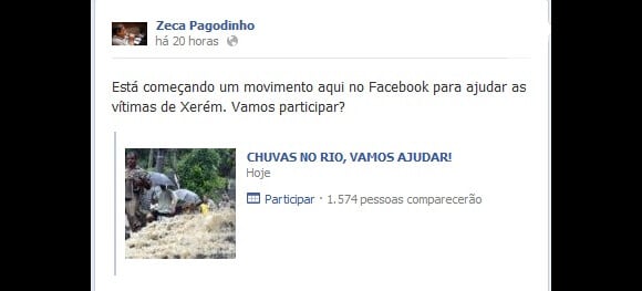 Zeca Pagodinho pede ajuda para as vítimas da chuva no Facebook