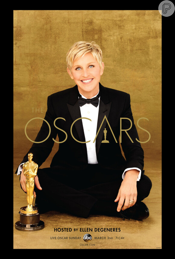 Ellen DeGeneres aparece de smoking e sentada no chão com estatueta no cartaz oficial do Oscar 2014, divulgado em 9 de janeiro de 2014