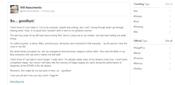Will Nascimento postou uma carta de despedida no site 'Littlemonsters.com'. Lady Gaga usa a rede para conversar com os fãs