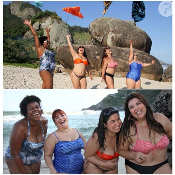 Fabiana Karla, Cacau Protásio, Mariana Xavier, Simone Gutierrez posam de biquíni na praia e jogam suas cangas para o alto