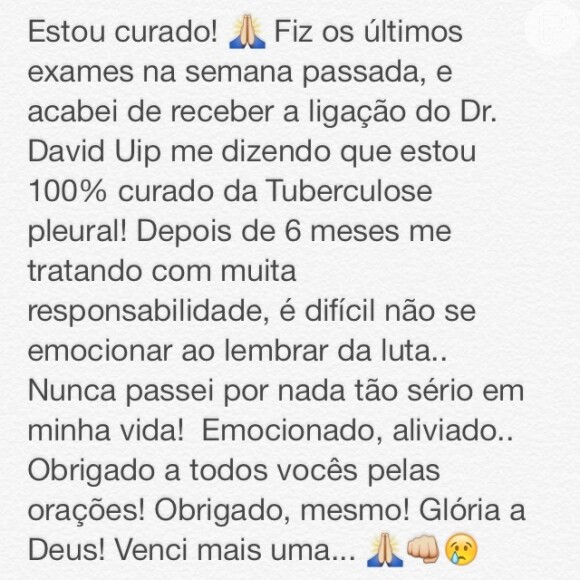 Texto que Thiaguinho escreveu em sua conta do Instagram