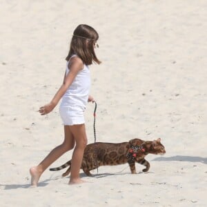 Grazi Massafera e Sofia se divertem com o gato Sol em praia do Rio. Diferentemente de outros bichanos, o gato da raça bengal gosta de água