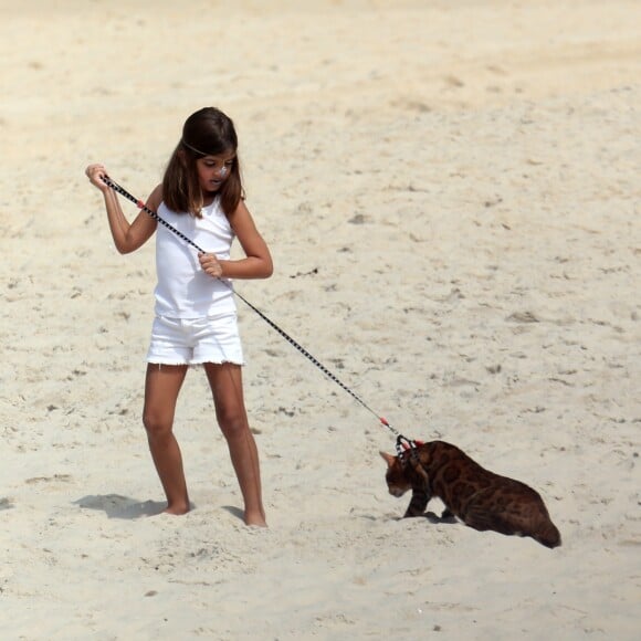 Filha de Grazi Massafera, Sofia se divertiu ao passear com o gato, Sol, em praia do Rio