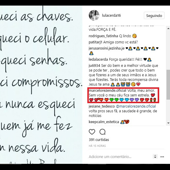 Marcelo Rezende deixou um comentário para a namorada, Lu Lacerda, em sua conta de Instagram: 'Volta, meu amor'