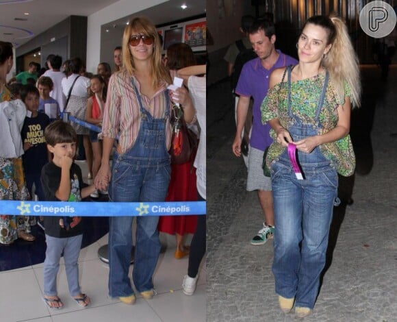 O macacão jeans é uma das peças mais aproveitadas por Carolina Dieckmann. A atriz, que já declarou gostar de se vestir confortavelmente, usou a roupa para levar o filho ao cinema e para passear com o marido. Repare que o sapatinho também é o mesmo!