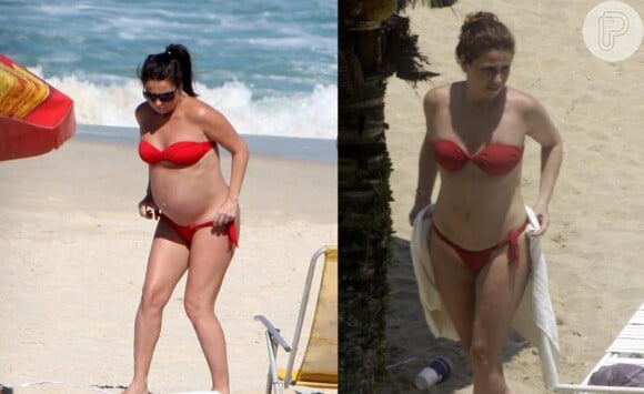 Giovanna Antonelli usa o mesmo biquíni durante a gravidez e depois de emagrecer cerca de 30 kg após a gestação