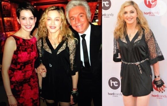 Madonna usa o mesmo vestido preto para prestigiar dois eventos diferentes: inauguração da academia Hard Candy, em Moscou, e a festa de Réveillon na casa do estilista da grife Valentino, Giancarlo Giammetti