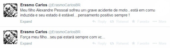 O cantor Erasmo Carlos usou as redes sociais para pedir força aos fãs e falou sobre o acidente envolvendo seu filho Alexandre Pessoal
