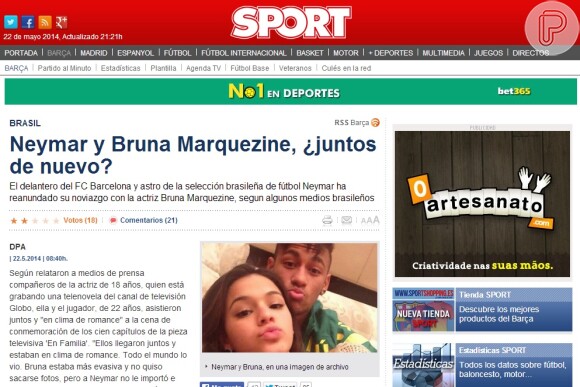 O jornal espanhol 'Sport' questionou na manchete o retorno de Neymar e Bruna Marquezine