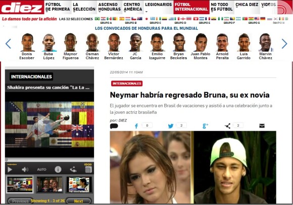 O retorno de Neymar e Bruna Marquezine também virou notícia em Honduras