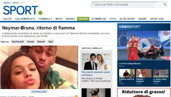 O site italiano 'Sport' também noticiou o 'retorno da chama' do amor de Neymar e Bruna Marquezine