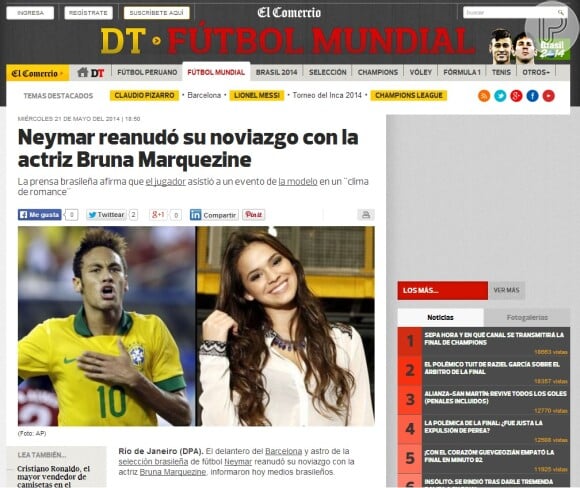 O jornal 'El Comercio', do Peru, noticiou que Neymar e Bruna Marquezine retomaram o namoro