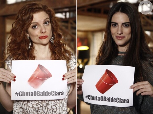 Maria Eduarda e Luisa Moraes posam nos bastidores da novela 'Em Família' com a hashtag da campanha por 'Clarina'
