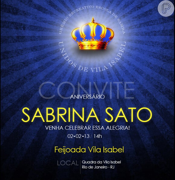 Sabrina Sato comemorou seu aniversário no sábado (2) com muito samba na quadra da Vila Isabel com uma feijoada; veja o convite