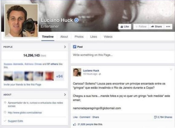 Luciano Huck também postou no Facebook e causou polêmica
