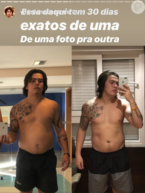 Whindersson Nunes mostrou antes e depois do corpo em foto no Stories do Instagram
