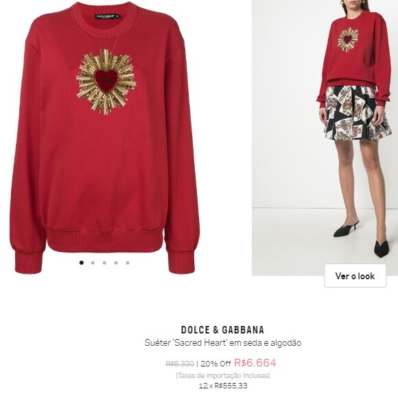 O moletom Dolce & Gabbana custa R$ 8 mil e chama atenção por um detalhe com o sagrado coração