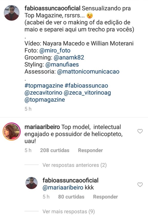 'Top model, intelectual, engajado e possuidor de helicóptero', disse Maria Ribeiro sobre Fabio Assunção no Instagram