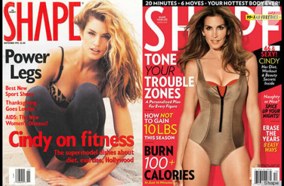 Cindy Crawford, a top model dos anos 90, nas capas da revista 'Shape'. À esquerda em 1992, à direita em 2012