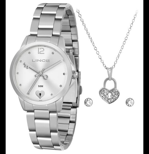 O kit de relógio, colar e brincos da Lince é sofisticado e fofo. Custa R$ 159,90