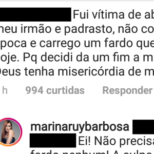 'Fui vítima de abuso do meu irmão e padrasto. Não contei na época e carrego um fardo que acaba hoje. Porque decidi dar um fim à minha vida', disse uma seguidora para Marina Ruy Barbosa