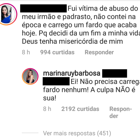 'Fui vítima de abuso do meu irmão e padrasto. Não contei na época e carrego um fardo que acaba hoje. Porque decidi dar um fim à minha vida', disse uma seguidora para Marina Ruy Barbosa