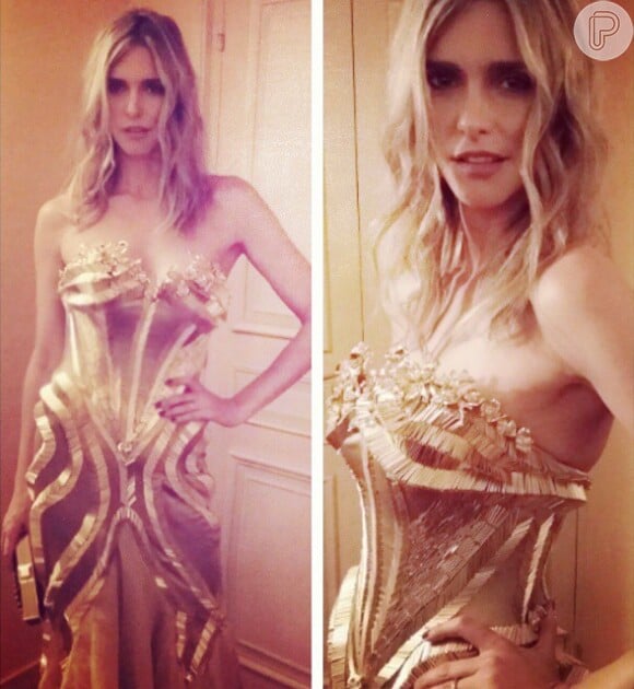 Fernanda Lima usou vestido banhado a ouro 18k com silhueta sereia