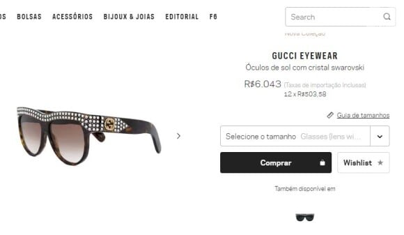 Sabrina Sato, em seu look, escolheu óculos de sol da Gucci avaliados em R$ 6,043