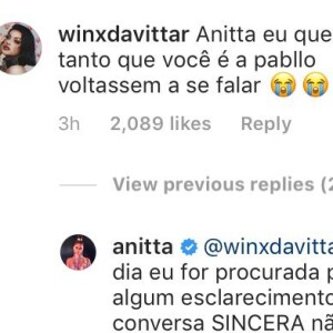 Anitta responde comentário de fã no Instagram nesta quinta-feira, dia 30 de maio de 2019