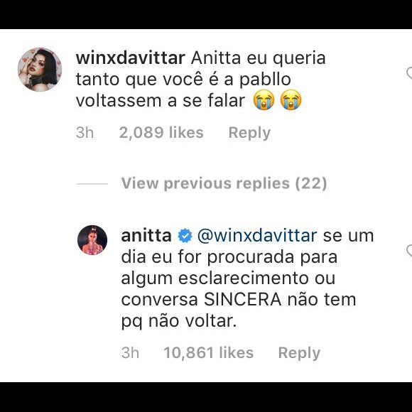 Anitta responde comentário de fã no Instagram nesta quinta-feira, dia 30 de maio de 2019