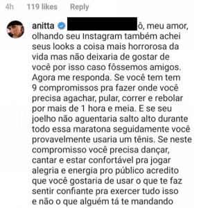 Anitta responde comentário de fã sobre seus looks em turnê