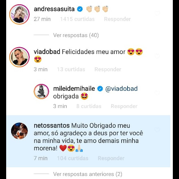 Namorado de Mileide Mihaile retribui comentário em foto