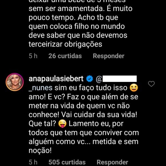 A modelo Ana Paula Siebert responde crítica de internauta sobre maternidade