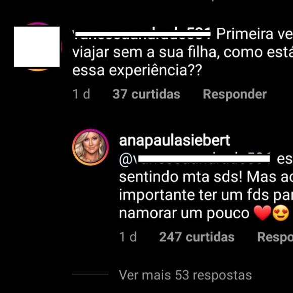 Ana Paula Siebert responde internauta sobre 1ª viagem sem a filha