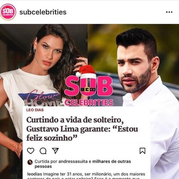 Andressa Suita curtiu postagem sobre fase solteira de Gusttavo Lima