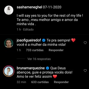 Sasha Meneghel ganha comentário de Bruna Marquezine ao anunciar noivado com João Figueiredo