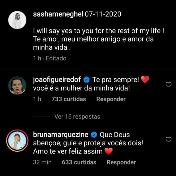 Sasha Meneghel ganha comentário de Bruna Marquezine ao anunciar noivado com João Figueiredo