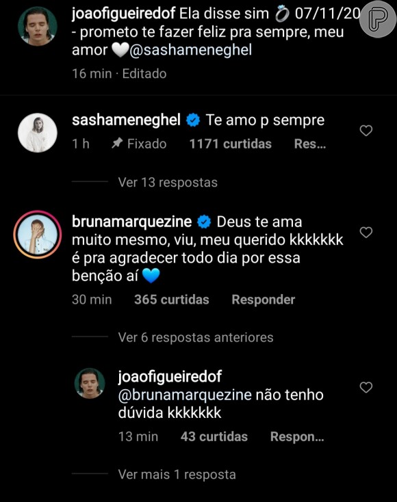 João Figueiredo recebe comentário de Bruna Marquezine ao anunciar noivado com Sasha