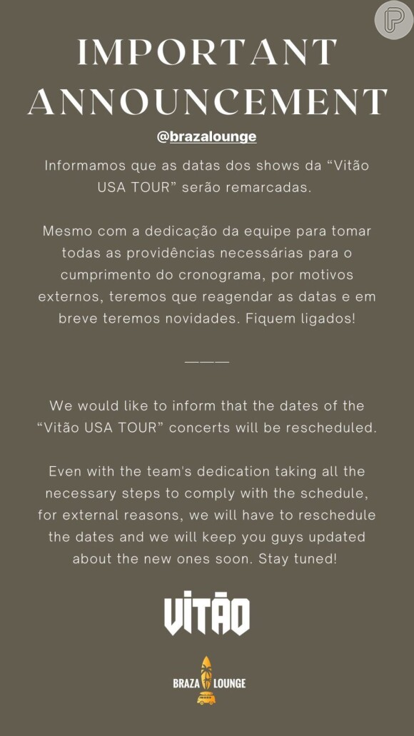 Vitão informou aos seguidores que a turnê pelos EUA foi cancelada