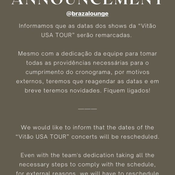 Vitão informou aos seguidores que a turnê pelos EUA foi cancelada