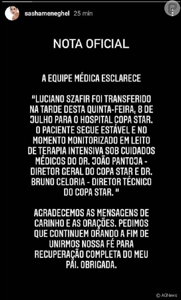 Sasha antecipa volta ao Brasil e pede orações para o pai, Luciano Szafir: 'Unirmos nossa fé'