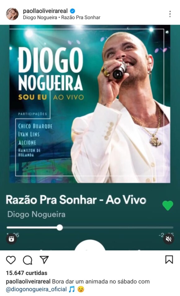 Paolla Oliveira faz post com música de Diogo Nogueira e web shippa: 'PaOgo'